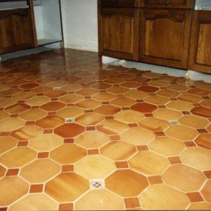 French octagonal terracotta on a kitchen floor.