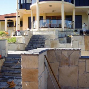 Random Himalayan sandstone, Slate capping, Basalt floor/stairs.