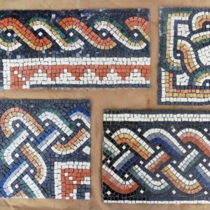 Border patterns and motif made to be able to show clients the colour and design options. 
All 4mm thick tesserae (tiles) though I tend to use 10mm thick on the floors. Apart from 1 piece which is on some 6mm Hardibacker the rest are on Beava mesh.