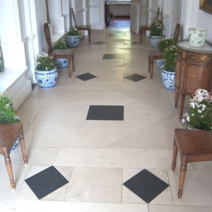 Lutyens designed corridor.  Limestone and slate inserts.  Cleaned and sealed, and buffed to a good finish.