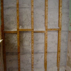 North wall stud work, all lath and plaster on bathroom side removed.