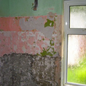 south west corner ,'tap end' of bath. from floor: (dark grey) blockwork of cavity wall which was behind the bath, (light grey)cement render, (pink then green) lime plaster to ceiling