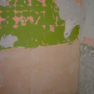 south east corner showing from bottom : bare plasterboard (beneath bath head), skimmed plasterboard, darkgreen/pink then light green painted lime plastered metal lath on stud wall