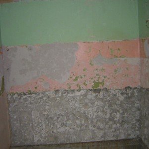 south wall, far side of bath . from floor: (dark grey) blockwork of single skin partition wall which was behind the bath, (light grey)cement render, (pink then green) lime plaster to ceiling