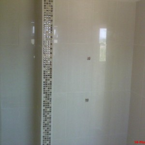 getting around an ugly end of wall in shower cubicle with vertical mosaic..