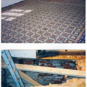 Wigan Floor this floor was dropped into the cellar below all the joists had rotted. we used a new beam & block floor and screeded with Tilcon fibre screed. cleaned the thousands of tiles and re-fitted them.