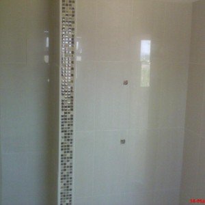 getting around an ugly end of wall in shower cubicle with vertical mosaic..