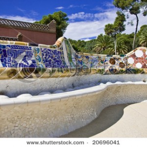 stock photo the famous mosaic tiled seat bench on the plateau of park guell styled by antonio gaudi 20696041