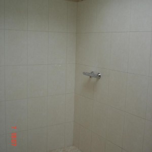 Tumbled mosaic shower tray & glazed ceramic tile on the walls, with mosaic border as the tray