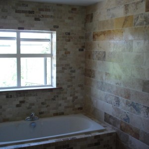 Scabos Travertine brushed, 15x40 & tumbled mosaic 10x5 - other view