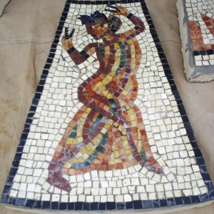 Deatil form a panel of musicians and dancers, 3 rd century AD. Marble mosaic on part of a patio paving set.