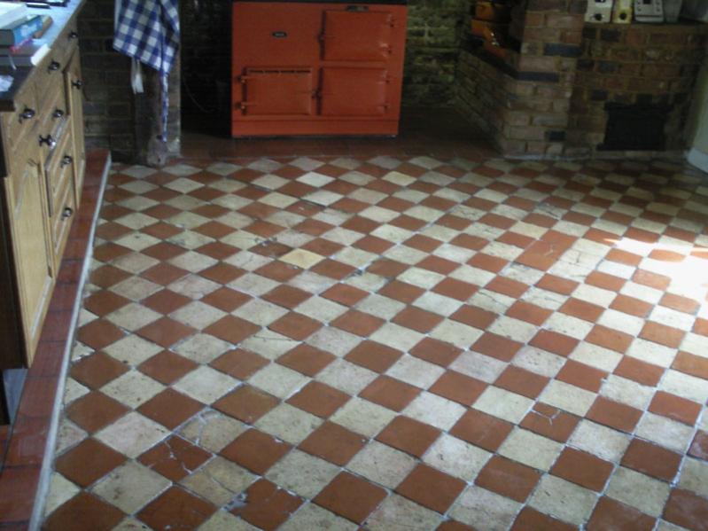 A very early quarry tiled floor where the customer wanted it to remain as it was (including tiling mistake - see pattern) and sympatheticaslly cleaned, partial grout to add strength and then clear linseed sealant.  Grade 1 listed property.