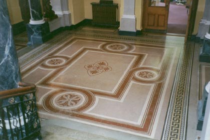 Belfast 1 Mosaic floor in Belfast Harbour most of the floor sections had lifted in a typical dome fashion. we used a pressure gun to inject an ardex adhesive under the affected areas we re-fixed approx 40-50 sq mtres a day. beating any other Co for time scales.