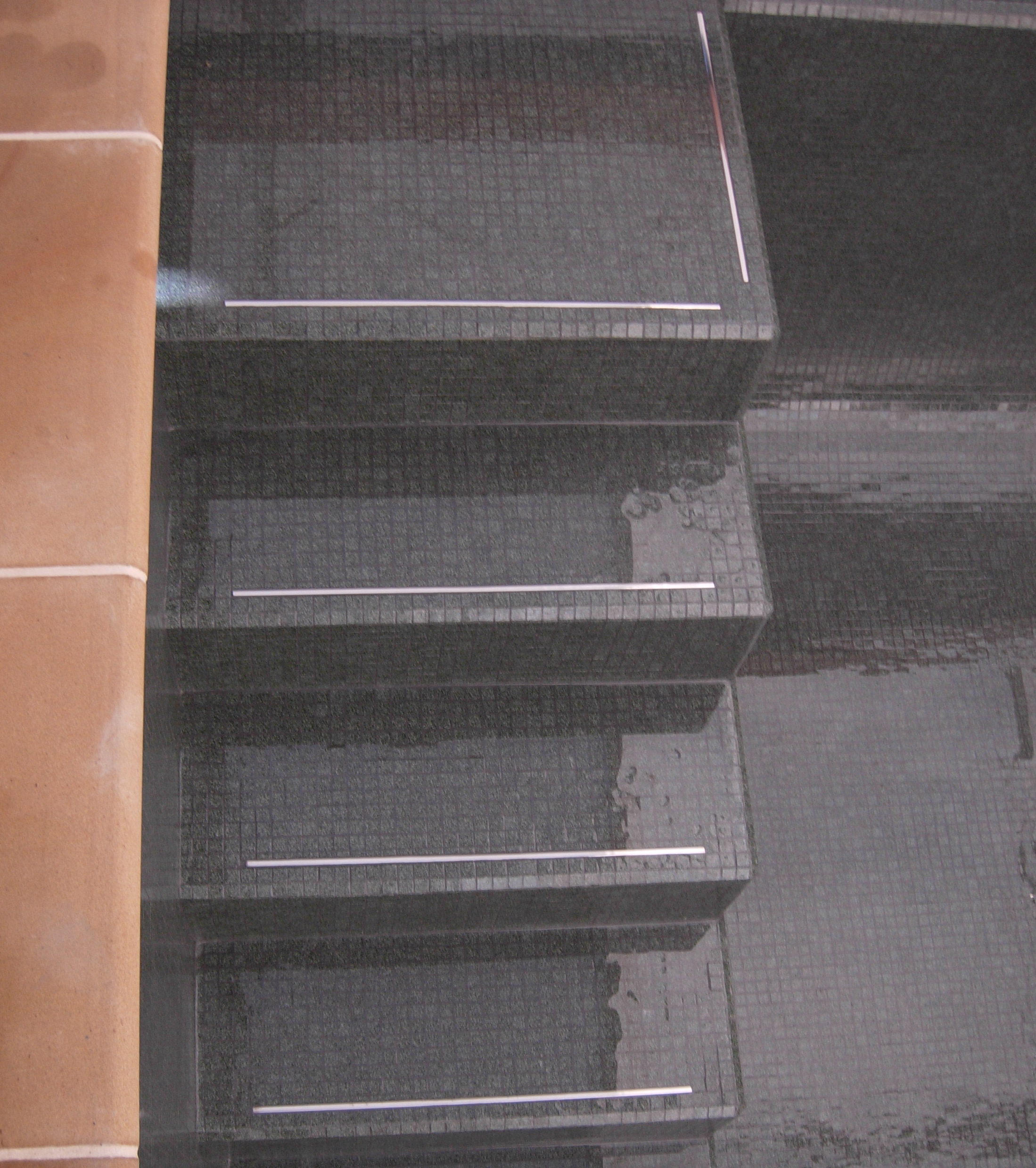 black glass mosaic steps with stainless steel inlay