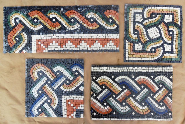 Border patterns and motif made to be able to show clients the colour and design options. 
All 4mm thick tesserae (tiles) though I tend to use 10mm thick on the floors. Apart from 1 piece which is on some 6mm Hardibacker the rest are on Beava mesh.