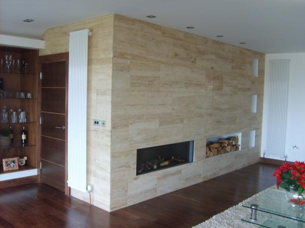 fireplace in linear cut travertine with finished edge