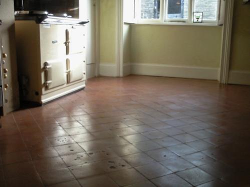 Old Quarry tiles.  No DPM and lots of character.  This floor was lifeless and filthy.  Cleaned with a degreaser, a spot stain remover and sealed with a Colour Intensifier and stainstop. Then buffed over.