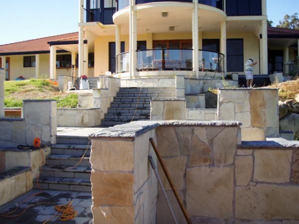 Random Himalayan sandstone, Slate capping, Basalt floor/stairs.