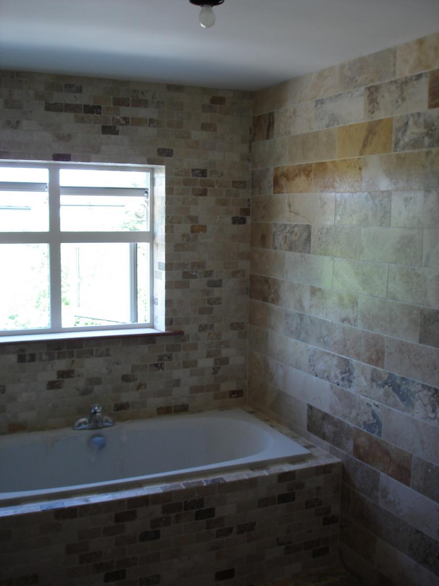 Scabos Travertine brushed, 15x40 & tumbled mosaic 10x5 - other view