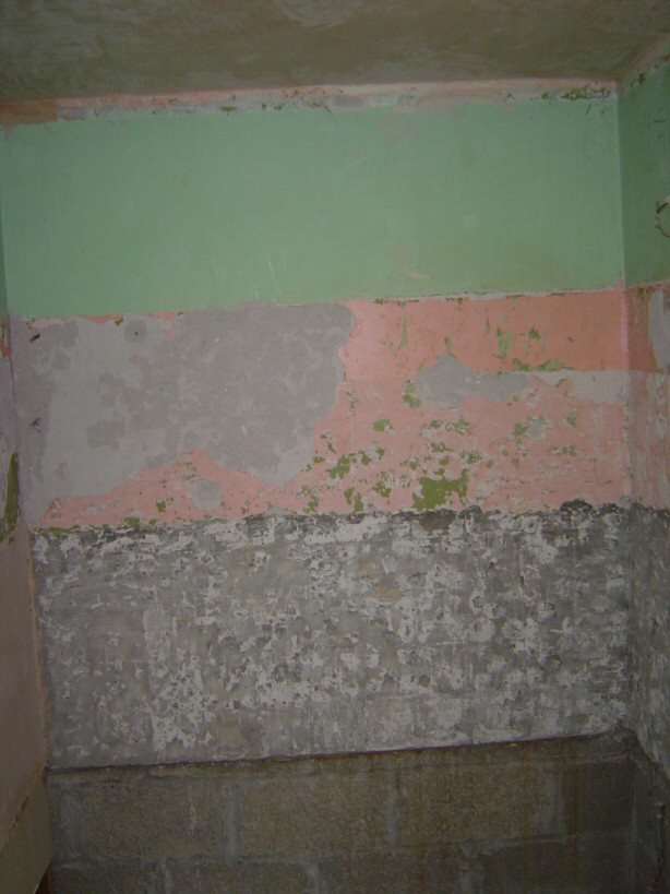 south wall, far side of bath . from floor: (dark grey) blockwork of single skin partition wall which was behind the bath, (light grey)cement render, (pink then green) lime plaster to ceiling