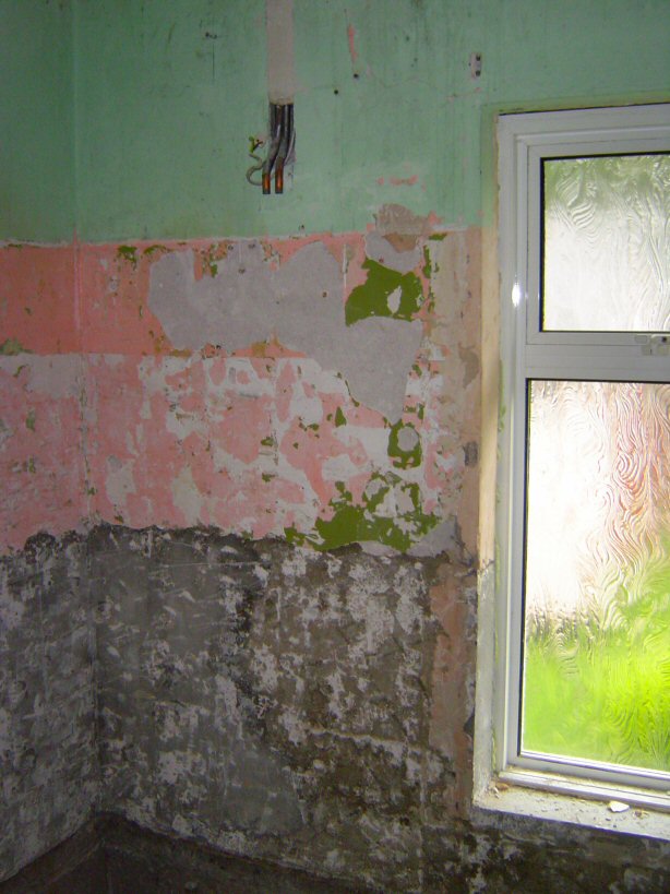 south west corner ,'tap end' of bath. from floor: (dark grey) blockwork of cavity wall which was behind the bath, (light grey)cement render, (pink then green) lime plaster to ceiling