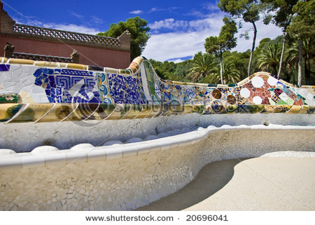 stock photo the famous mosaic tiled seat bench on the plateau of park guell styled by antonio gaudi 20696041