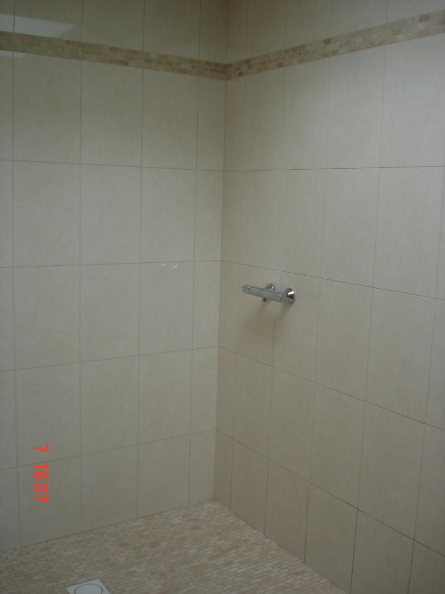 Tumbled mosaic shower tray & glazed ceramic tile on the walls, with mosaic border as the tray