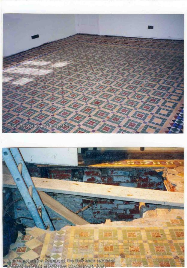 Wigan Floor this floor was dropped into the cellar below all the joists had rotted. we used a new beam & block floor and screeded with Tilcon fibre screed. cleaned the thousands of tiles and re-fitted them.